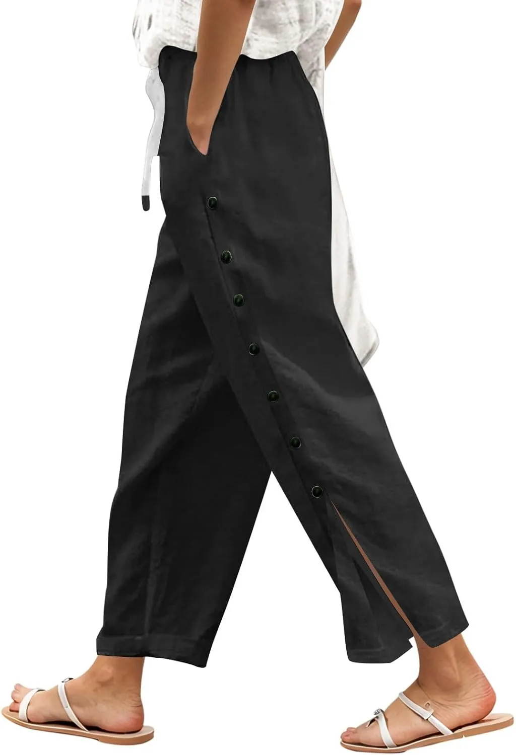 Women Beach Pants Linen Capri Pants Summer Casual Trousers Ladies Pinstripe Pant Drawstring Elastic Waist Pant