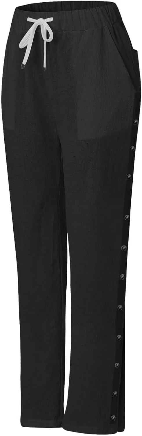Women Beach Pants Linen Capri Pants Summer Casual Trousers Ladies Pinstripe Pant Drawstring Elastic Waist Pant