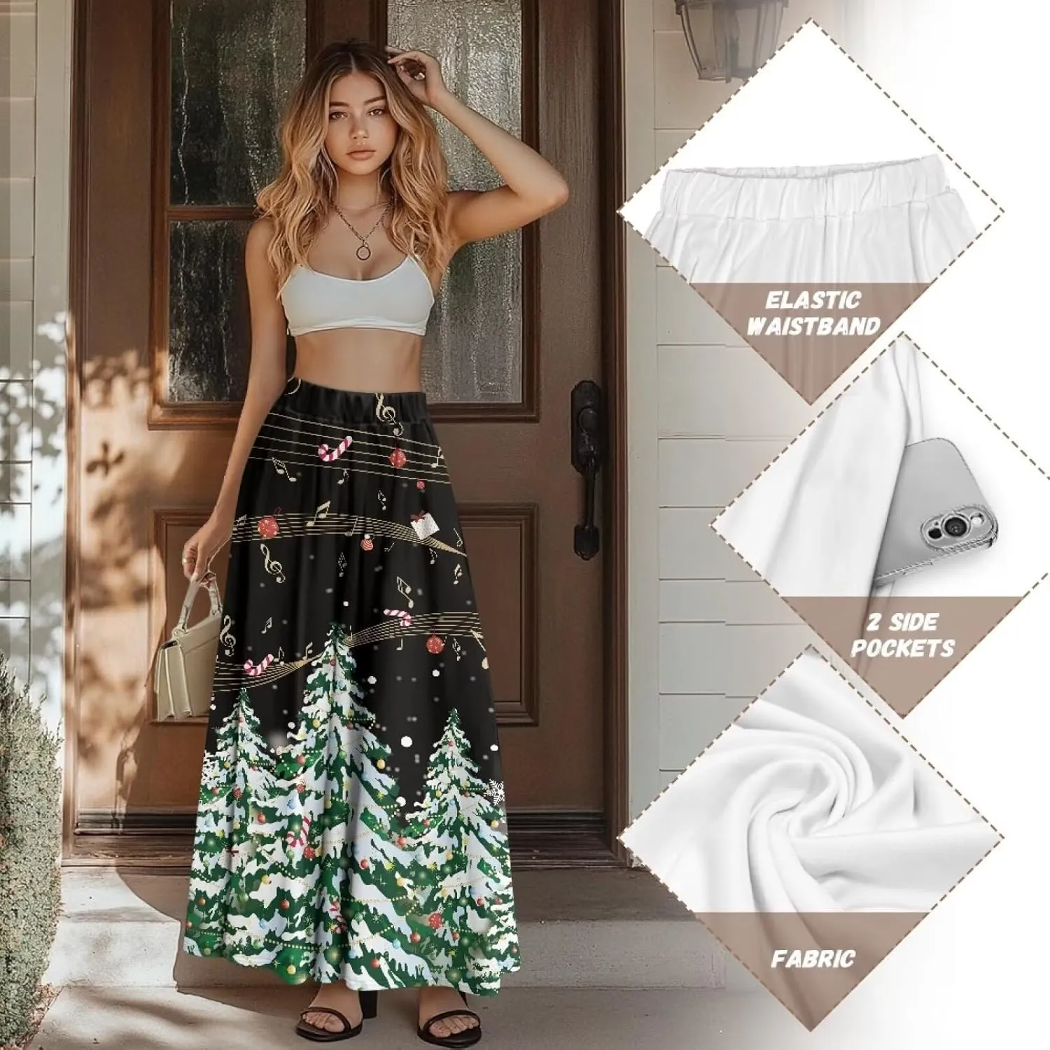Women Casual High Waist Skirt Summer Boho Maxi A-line Beach Flowy Skirt Elastic Ankel Length Skirts Size S-2XL