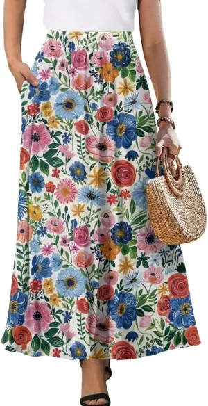 Women Casual High Waist Skirt Summer Boho Maxi A-line Beach Flowy Skirt Elastic Ankel Length Skirts Size S-2XL