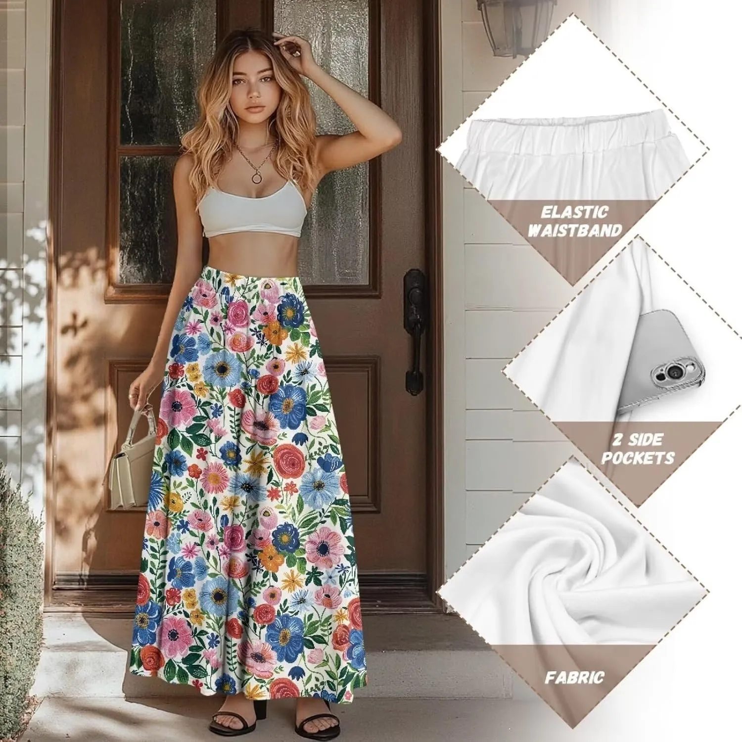 Women Casual High Waist Skirt Summer Boho Maxi A-line Beach Flowy Skirt Elastic Ankel Length Skirts Size S-2XL