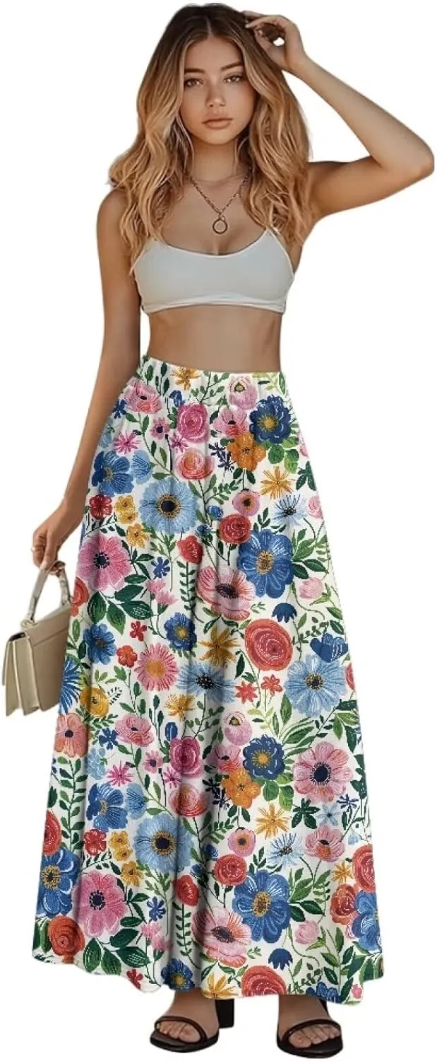 Women Casual High Waist Skirt Summer Boho Maxi A-line Beach Flowy Skirt Elastic Ankel Length Skirts Size S-2XL