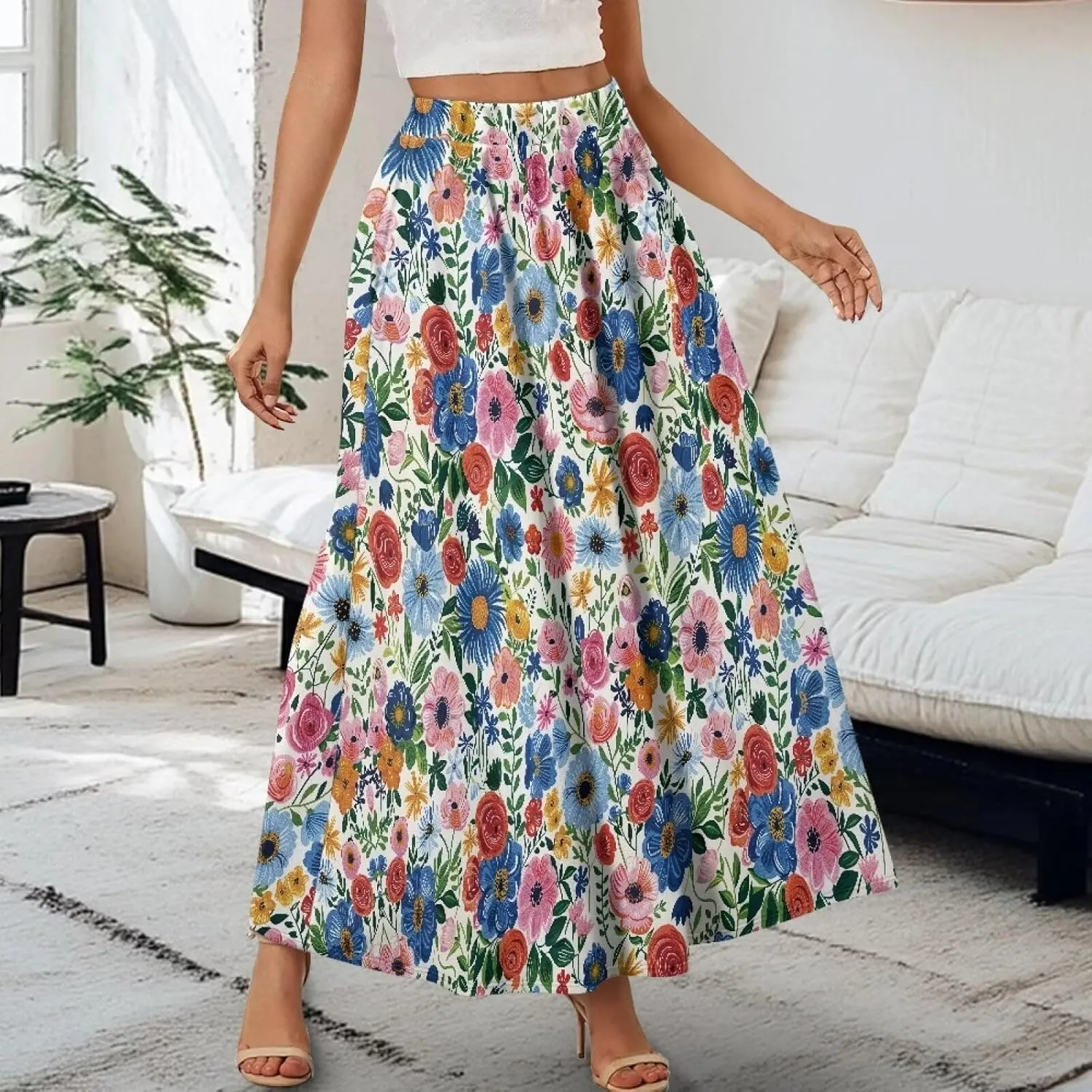Women Casual High Waist Skirt Summer Boho Maxi A-line Beach Flowy Skirt Elastic Ankel Length Skirts Size S-2XL