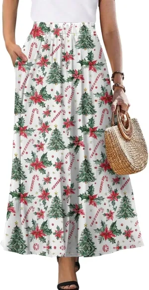 Women Casual High Waist Skirt Summer Boho Maxi A-line Beach Flowy Skirt Elastic Ankel Length Skirts Size S-2XL