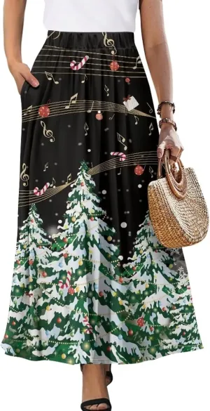 Women Casual High Waist Skirt Summer Boho Maxi A-line Beach Flowy Skirt Elastic Ankel Length Skirts Size S-2XL