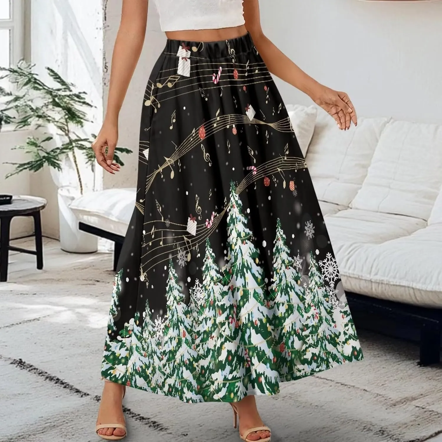 Women Casual High Waist Skirt Summer Boho Maxi A-line Beach Flowy Skirt Elastic Ankel Length Skirts Size S-2XL