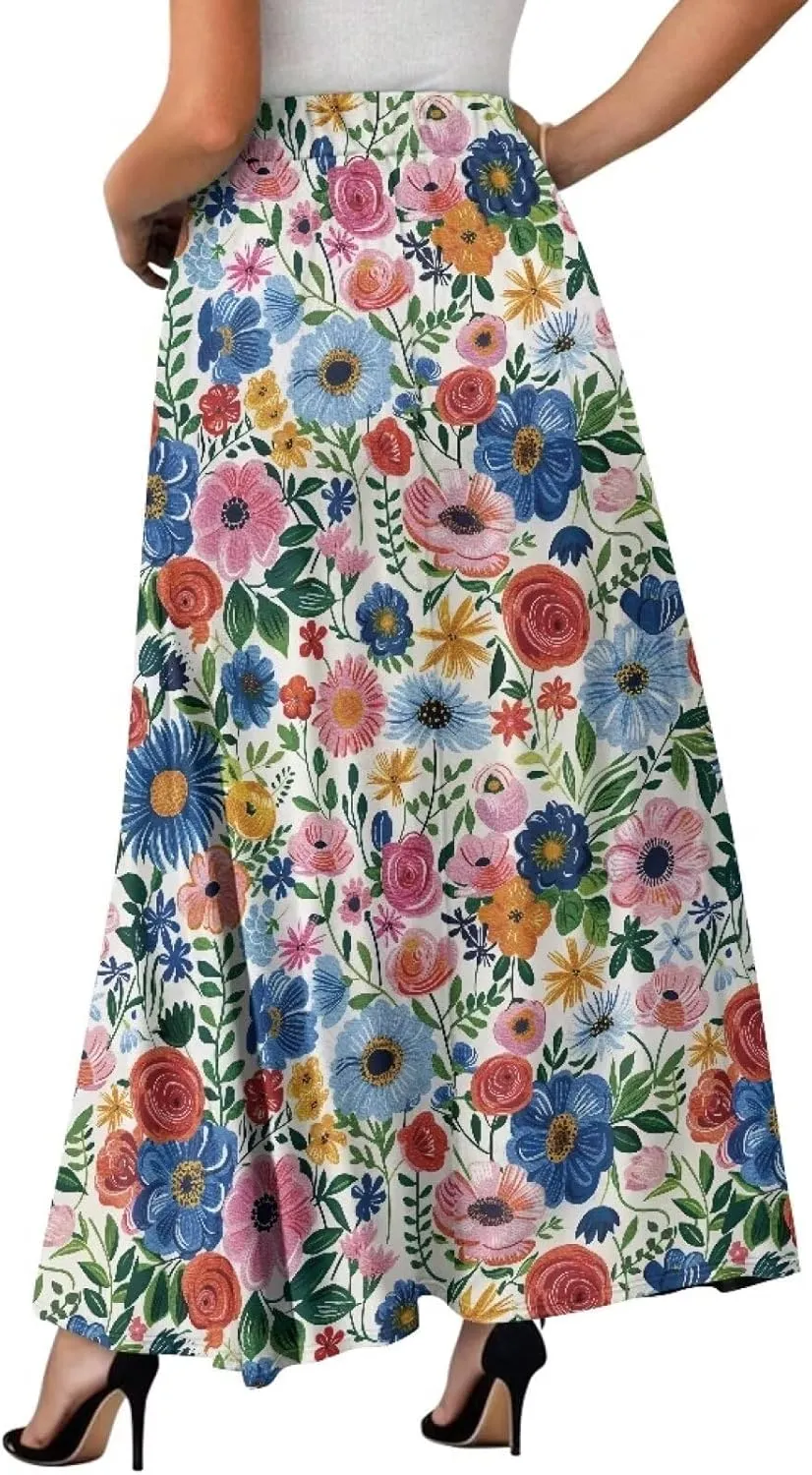 Women Casual High Waist Skirt Summer Boho Maxi A-line Beach Flowy Skirt Elastic Ankel Length Skirts Size S-2XL