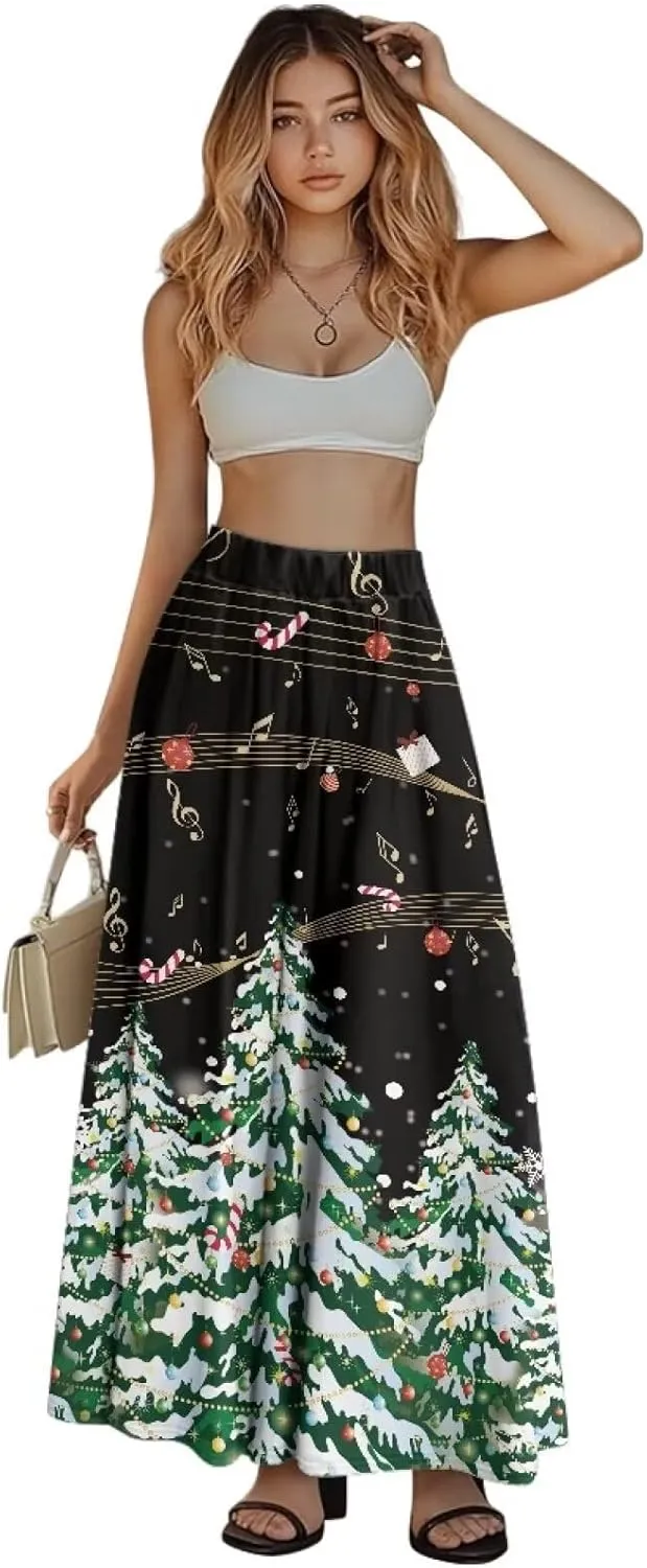 Women Casual High Waist Skirt Summer Boho Maxi A-line Beach Flowy Skirt Elastic Ankel Length Skirts Size S-2XL