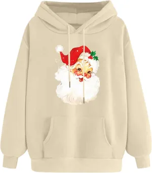 Women Christmas Retro Santa Claus Hooded Sweatshirts Crewneck Long Sleeve Fleece Hoodies Pullover Tops with Pocket