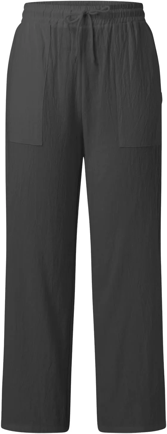Women Cotton Linen Summer Flowy Pant Trousers High Waist Ankle Length Plus Size Trouser Business Work