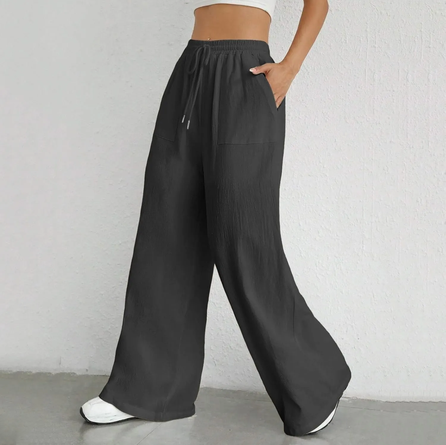 Women Cotton Linen Summer Flowy Pant Trousers High Waist Ankle Length Plus Size Trouser Business Work