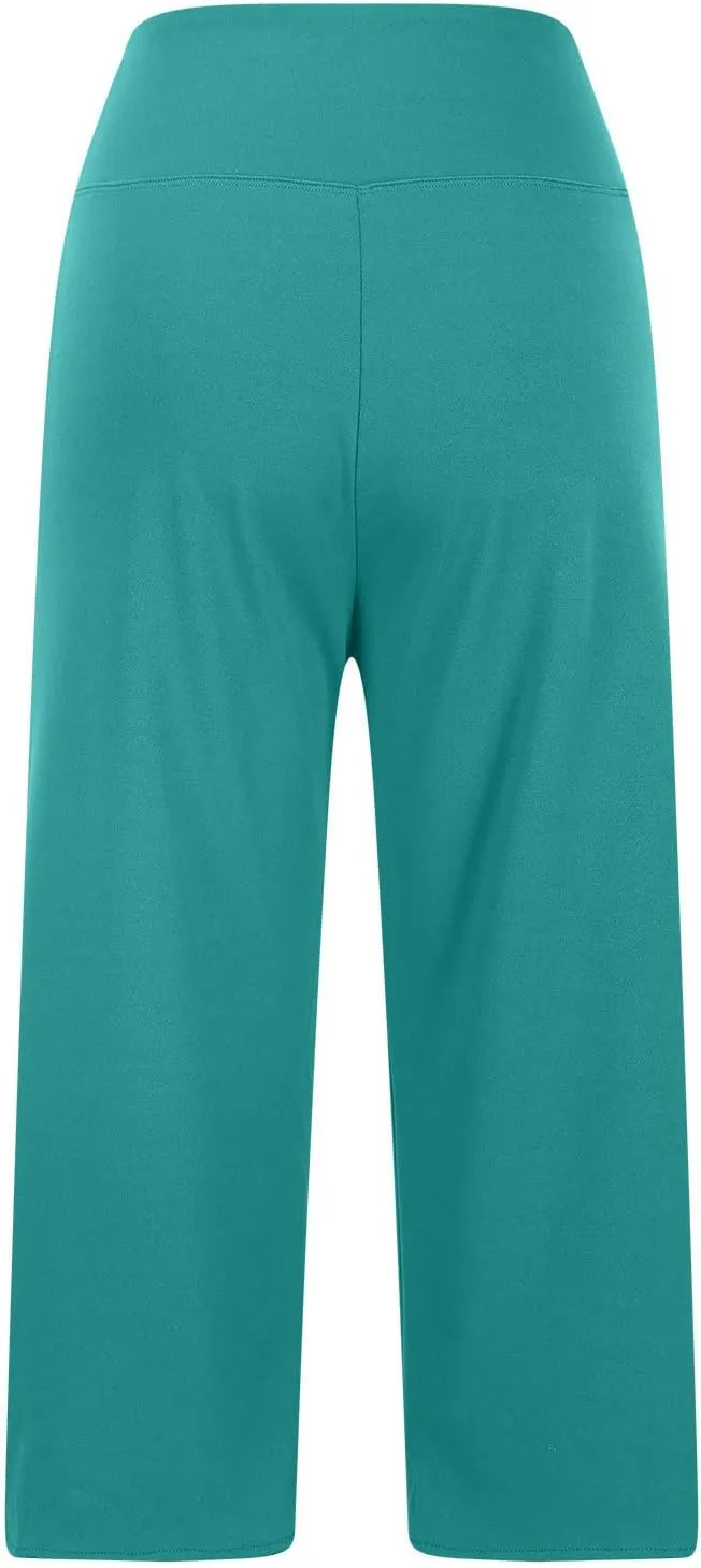 Women Curved Split Hem Capri Pant Summer Casual Loose Yoga Workout Pants Elastic High Waist Crop Trousers for Gym Running
