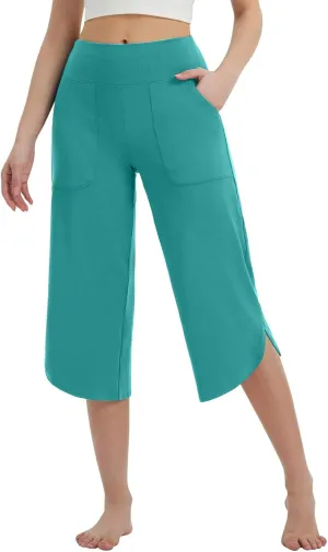 Women Curved Split Hem Capri Pant Summer Casual Loose Yoga Workout Pants Elastic High Waist Crop Trousers for Gym Running
