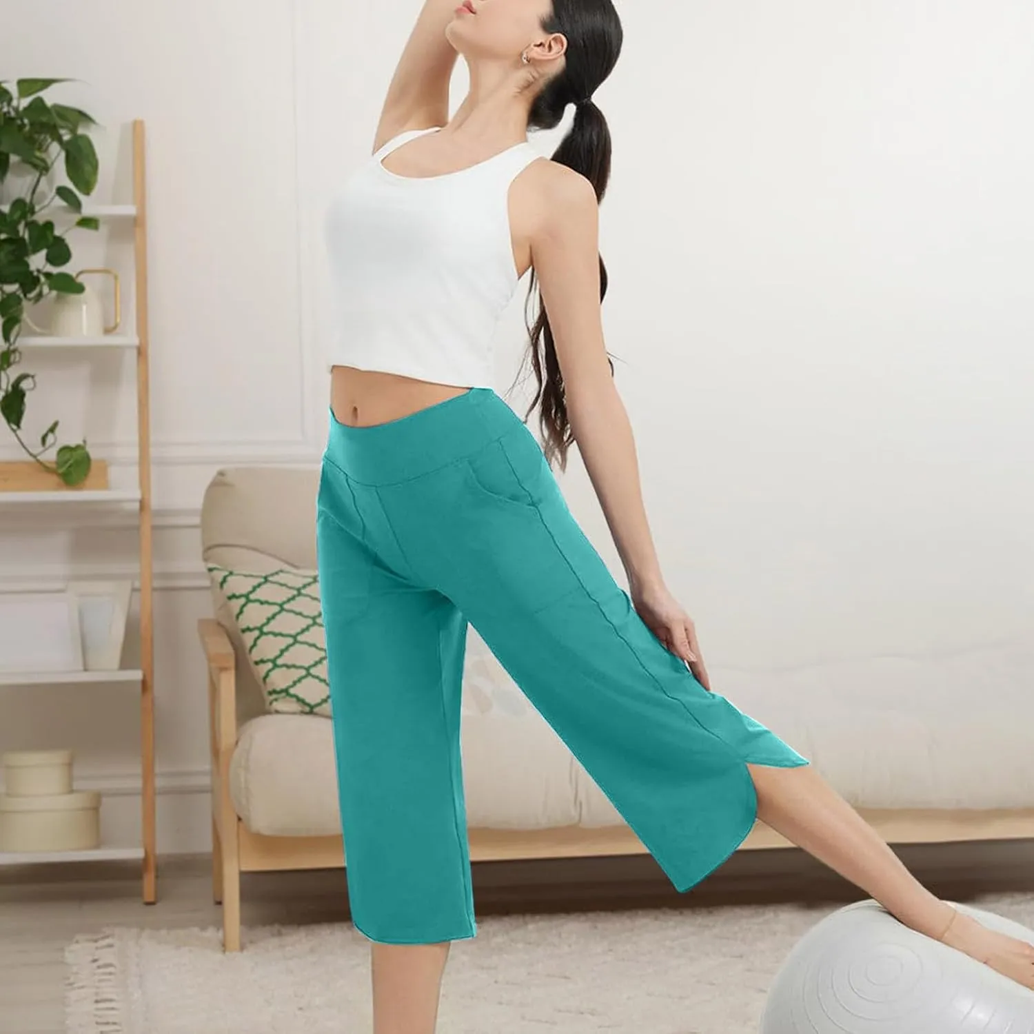 Women Curved Split Hem Capri Pant Summer Casual Loose Yoga Workout Pants Elastic High Waist Crop Trousers for Gym Running