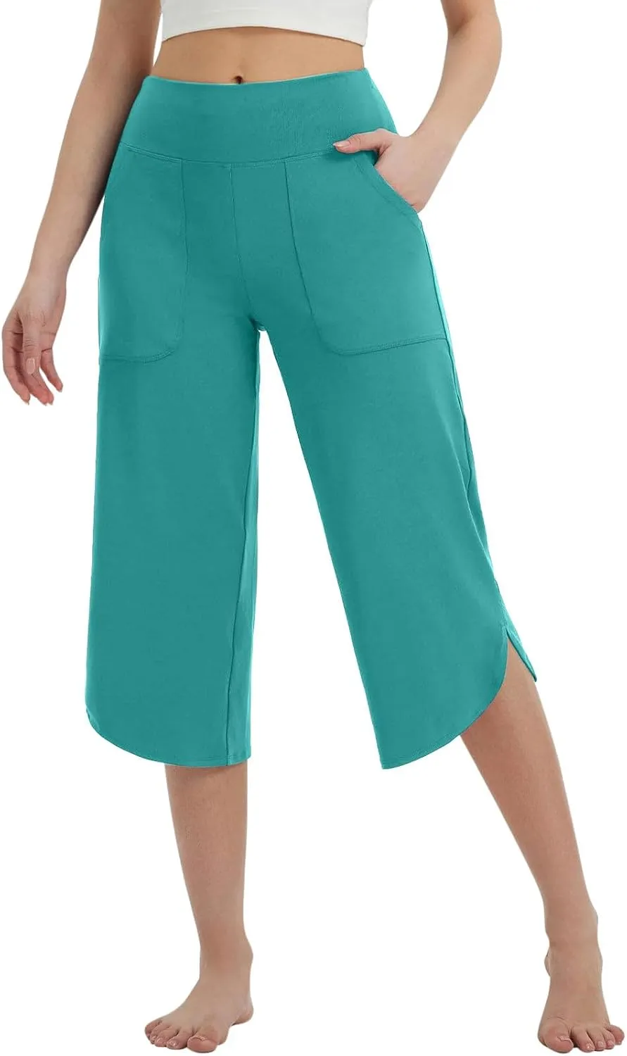 Women Curved Split Hem Capri Pant Summer Casual Loose Yoga Workout Pants Elastic High Waist Crop Trousers for Gym Running
