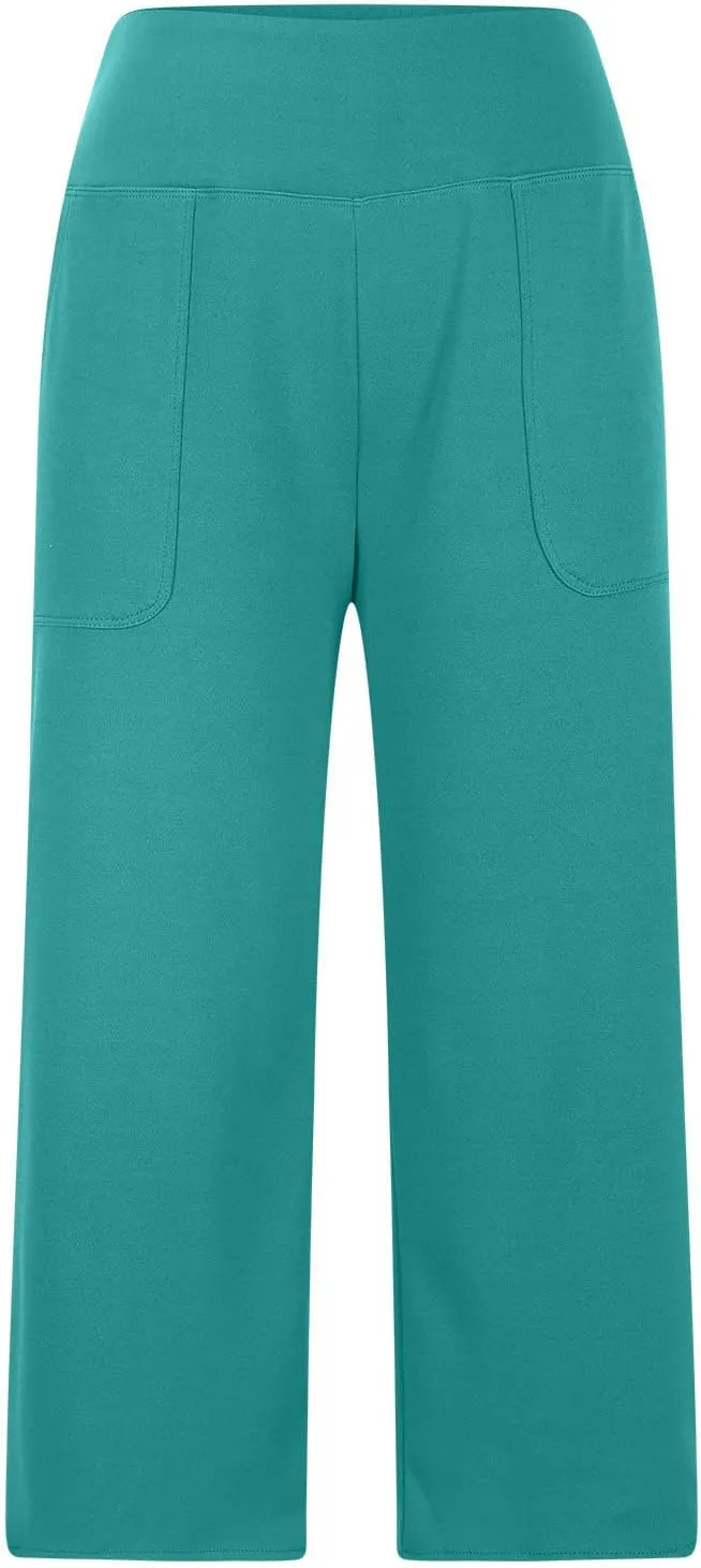 Women Curved Split Hem Capri Pant Summer Casual Loose Yoga Workout Pants Elastic High Waist Crop Trousers for Gym Running
