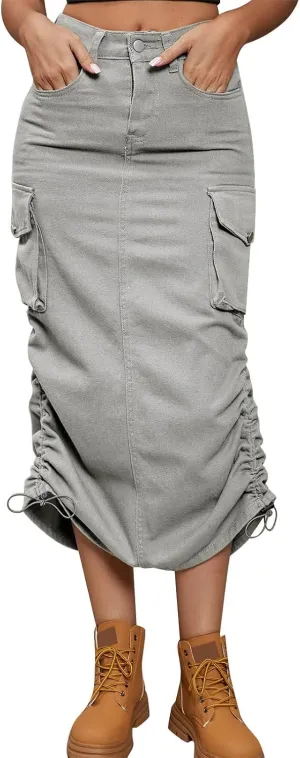 Women Drawing Rope Casual Fashion Half Body Denim Skirt Pleated Midi Skirt Crib Skirt Girl (Grey-b, L)