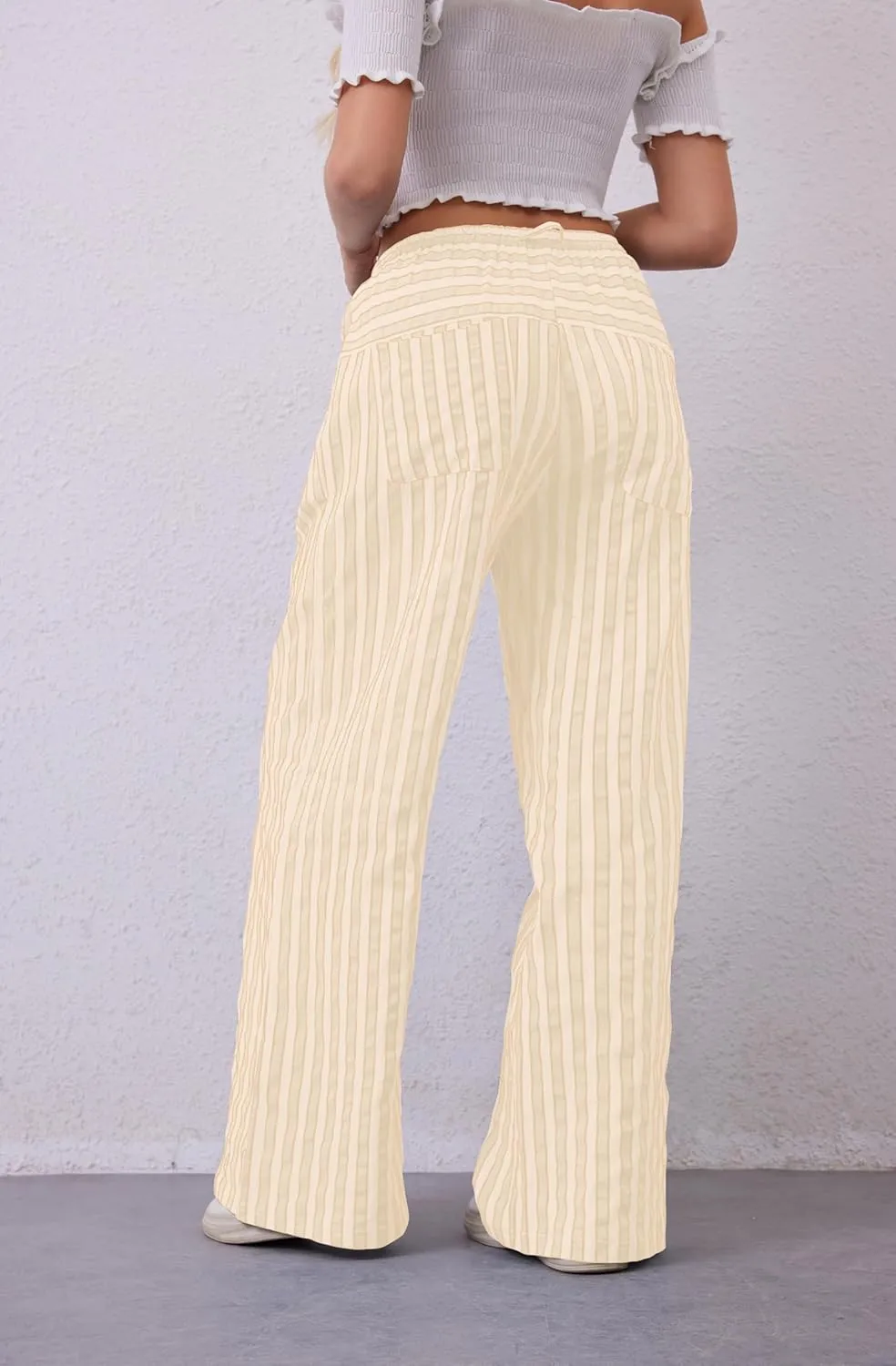 Women Drawstring Stripe Wide Leg Casual Trousers Striped Low Rise Casual Loose Lounge Pants with Pockets