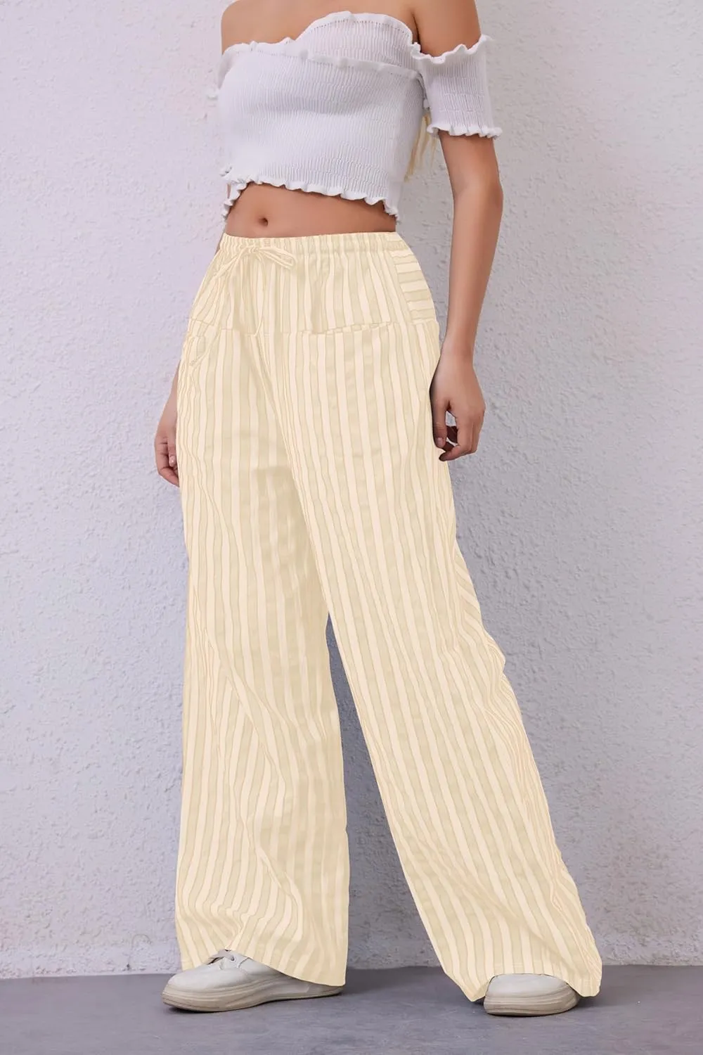 Women Drawstring Stripe Wide Leg Casual Trousers Striped Low Rise Casual Loose Lounge Pants with Pockets