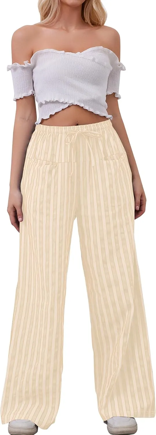 Women Drawstring Stripe Wide Leg Casual Trousers Striped Low Rise Casual Loose Lounge Pants with Pockets