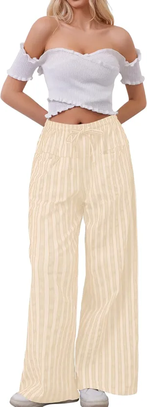 Women Drawstring Stripe Wide Leg Casual Trousers Striped Low Rise Casual Loose Lounge Pants with Pockets