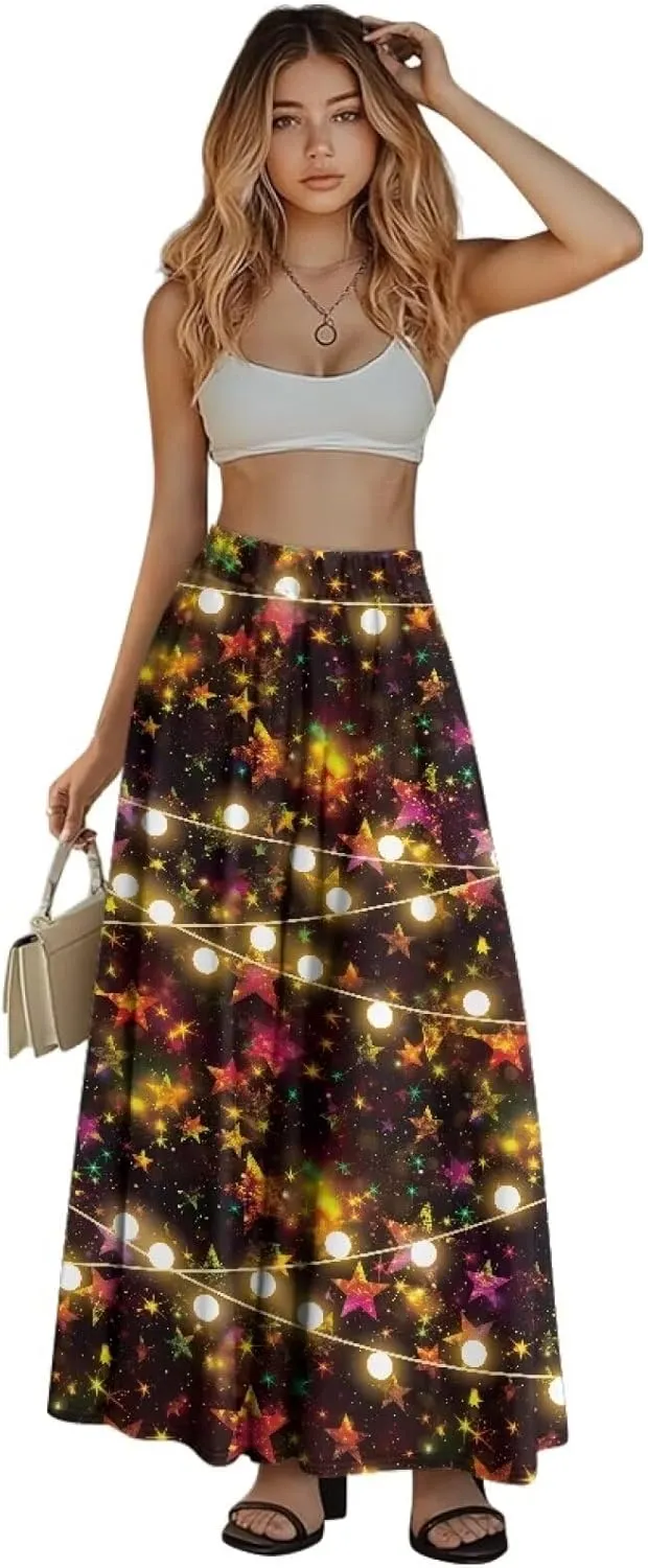 Women Elastic High Waist Skirt A-Line Pleated Swing Flowy Maxi Long Skirt Dress with Pockets Size S-2XL