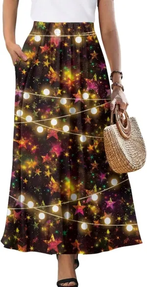 Women Elastic High Waist Skirt A-Line Pleated Swing Flowy Maxi Long Skirt Dress with Pockets Size S-2XL