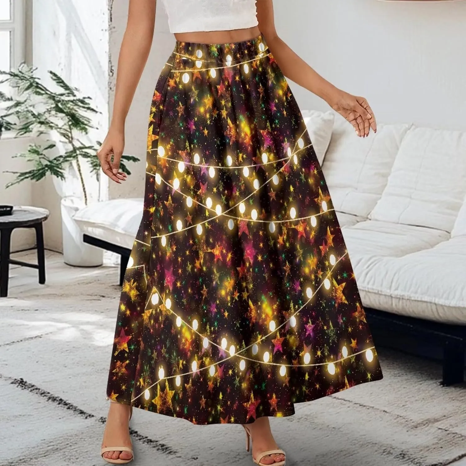 Women Elastic High Waist Skirt A-Line Pleated Swing Flowy Maxi Long Skirt Dress with Pockets Size S-2XL