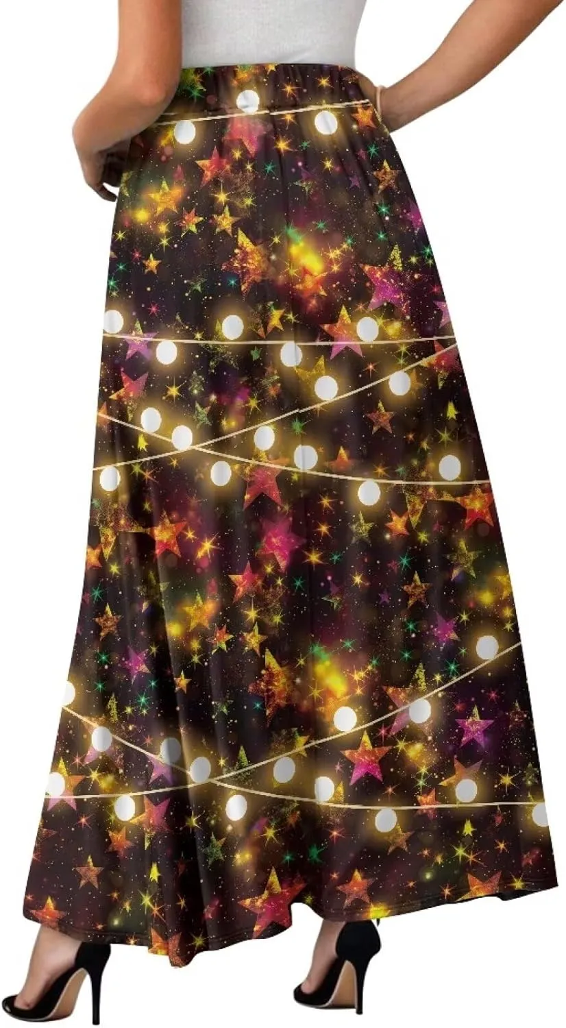 Women Elastic High Waist Skirt A-Line Pleated Swing Flowy Maxi Long Skirt Dress with Pockets Size S-2XL