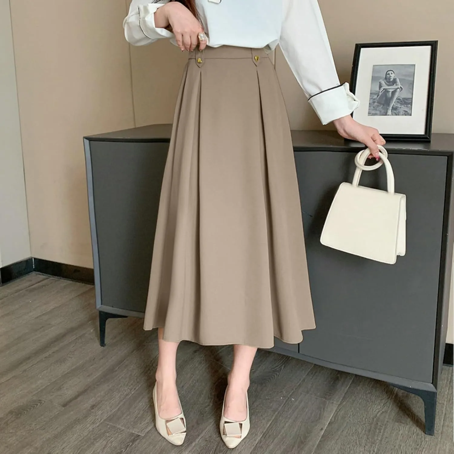 Women Fashion Casual Mid Length Suit Skirt A Line High Waisted Pleated Skirt Daily Long Leather Skirts for Women