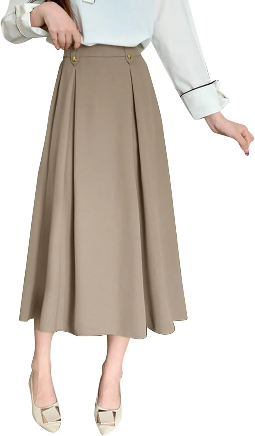 Women Fashion Casual Mid Length Suit Skirt A Line High Waisted Pleated Skirt Daily Long Leather Skirts for Women