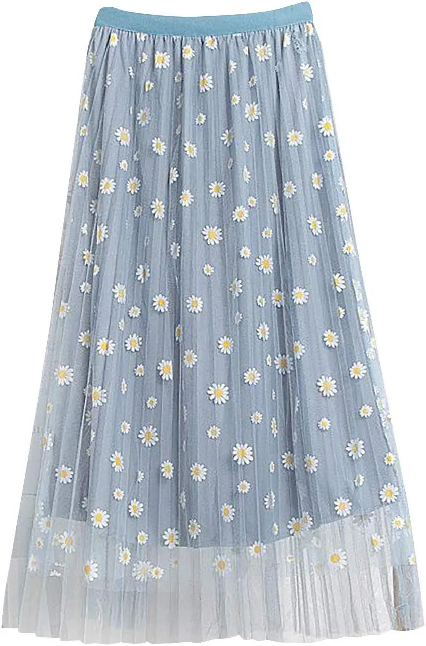 Women Floral Daisies Printed Skirt Pleated Mesh Elastic Waist Skirt Double Layer Swing A-Line Tulle Skirt