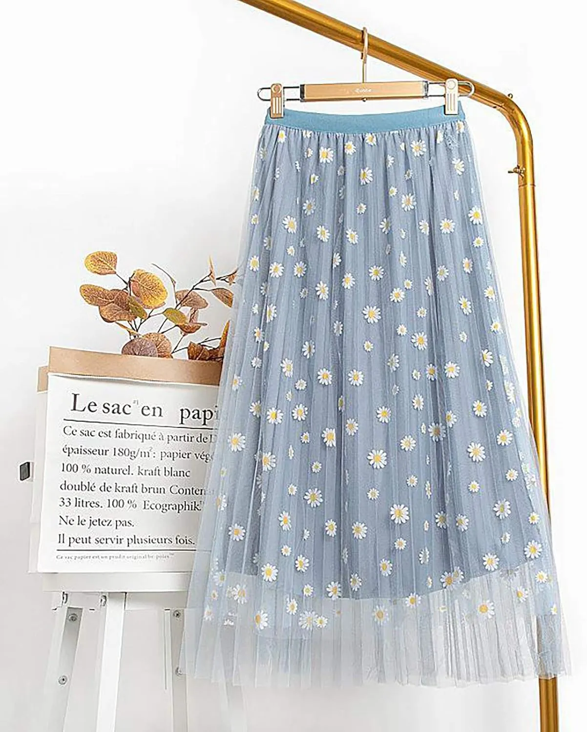 Women Floral Daisies Printed Skirt Pleated Mesh Elastic Waist Skirt Double Layer Swing A-Line Tulle Skirt