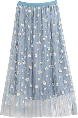 Women Floral Daisies Printed Skirt Pleated Mesh Elastic Waist Skirt Double Layer Swing A-Line Tulle Skirt