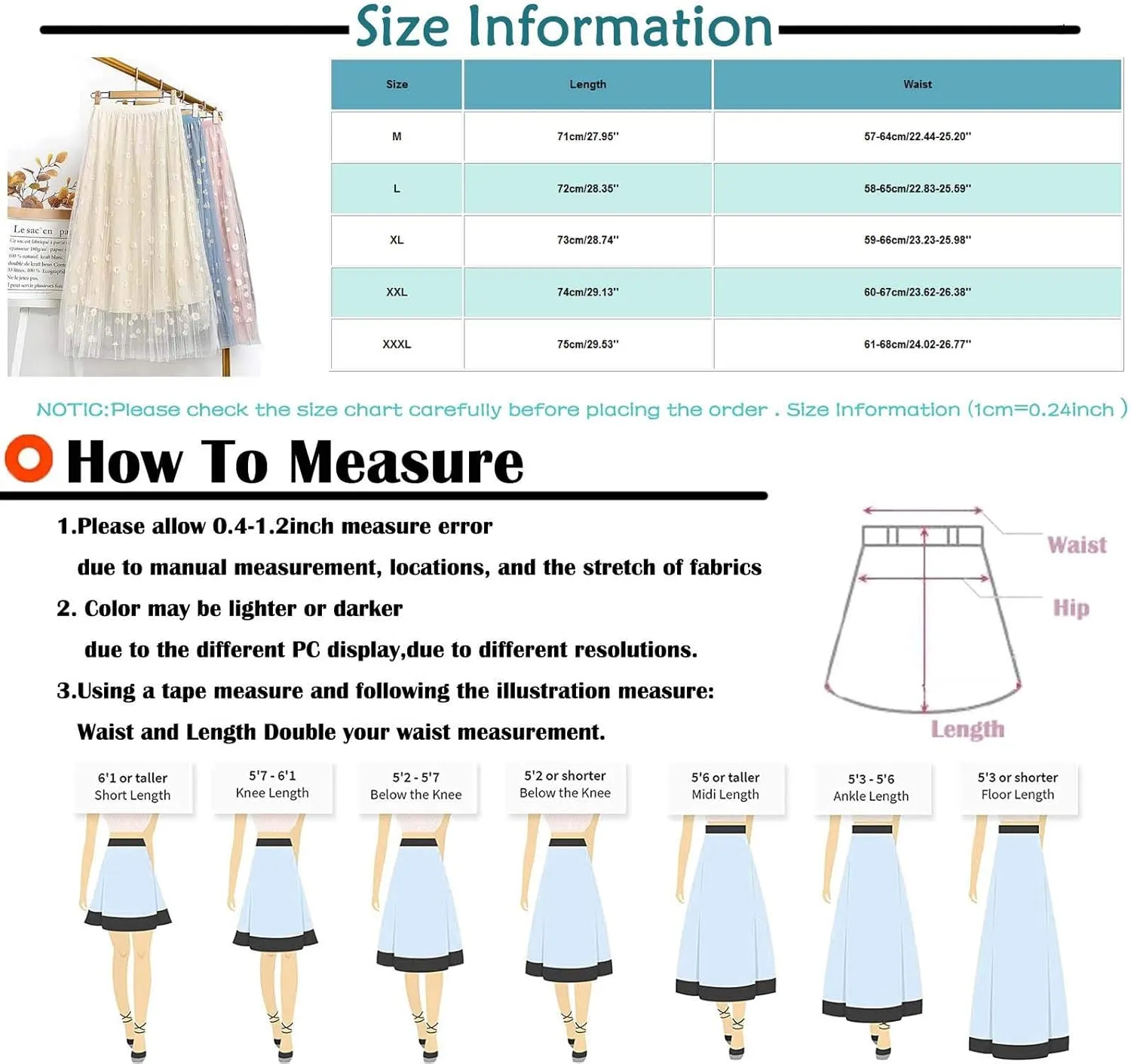 Women Floral Daisies Printed Skirt Pleated Mesh Elastic Waist Skirt Double Layer Swing A-Line Tulle Skirt