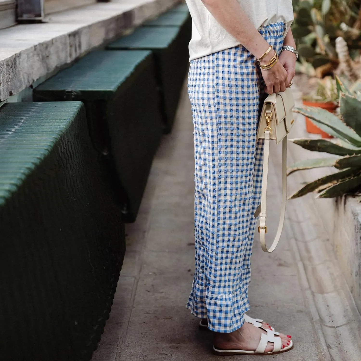 Women Gingham Pants Ruffle Hem Wide Leg Flowy Pants Checkered Trousers Plaid Pj Pants Y2k Going Out Bottoms