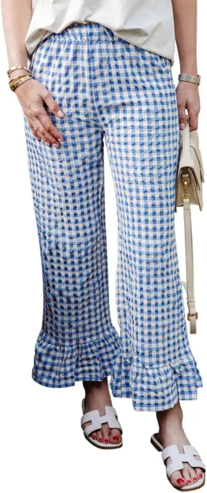 Women Gingham Pants Ruffle Hem Wide Leg Flowy Pants Checkered Trousers Plaid Pj Pants Y2k Going Out Bottoms