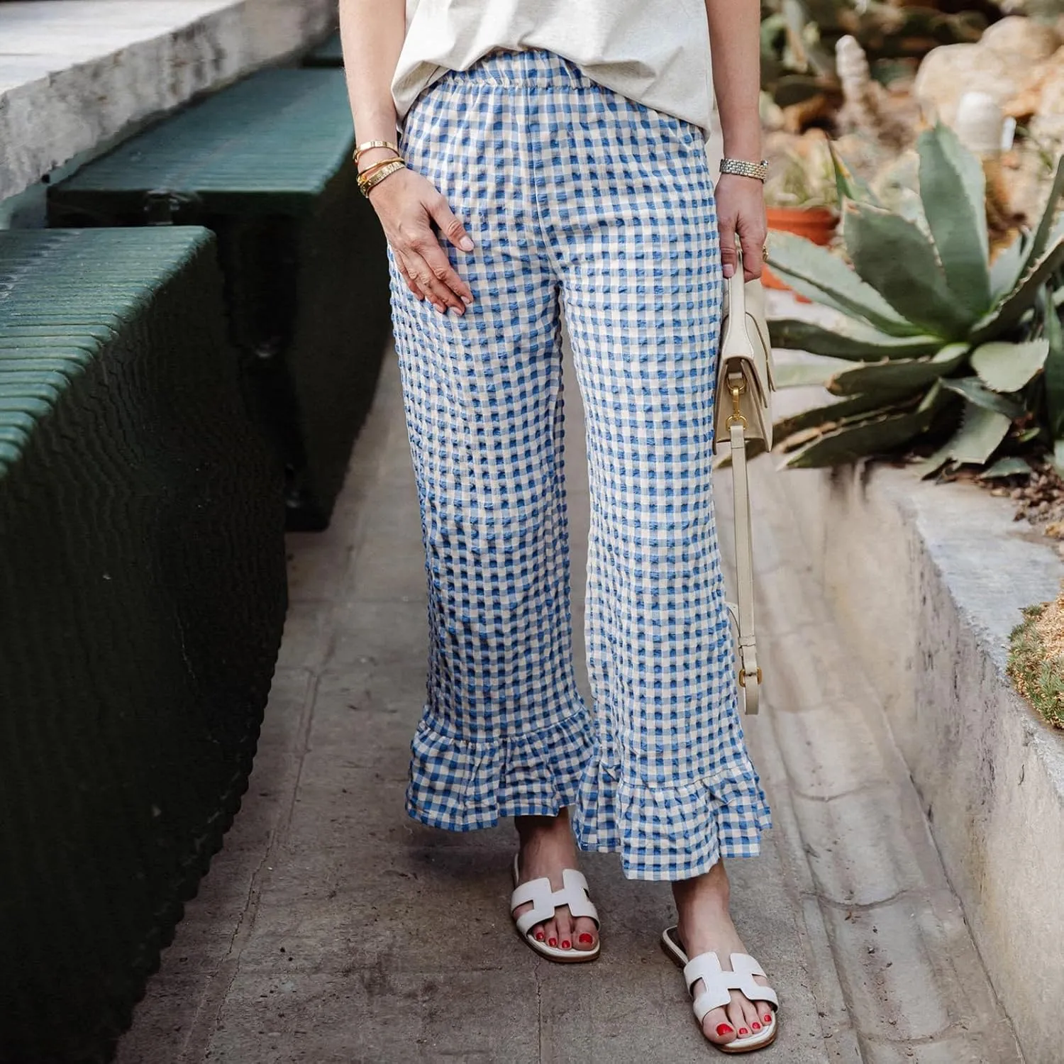 Women Gingham Pants Ruffle Hem Wide Leg Flowy Pants Checkered Trousers Plaid Pj Pants Y2k Going Out Bottoms