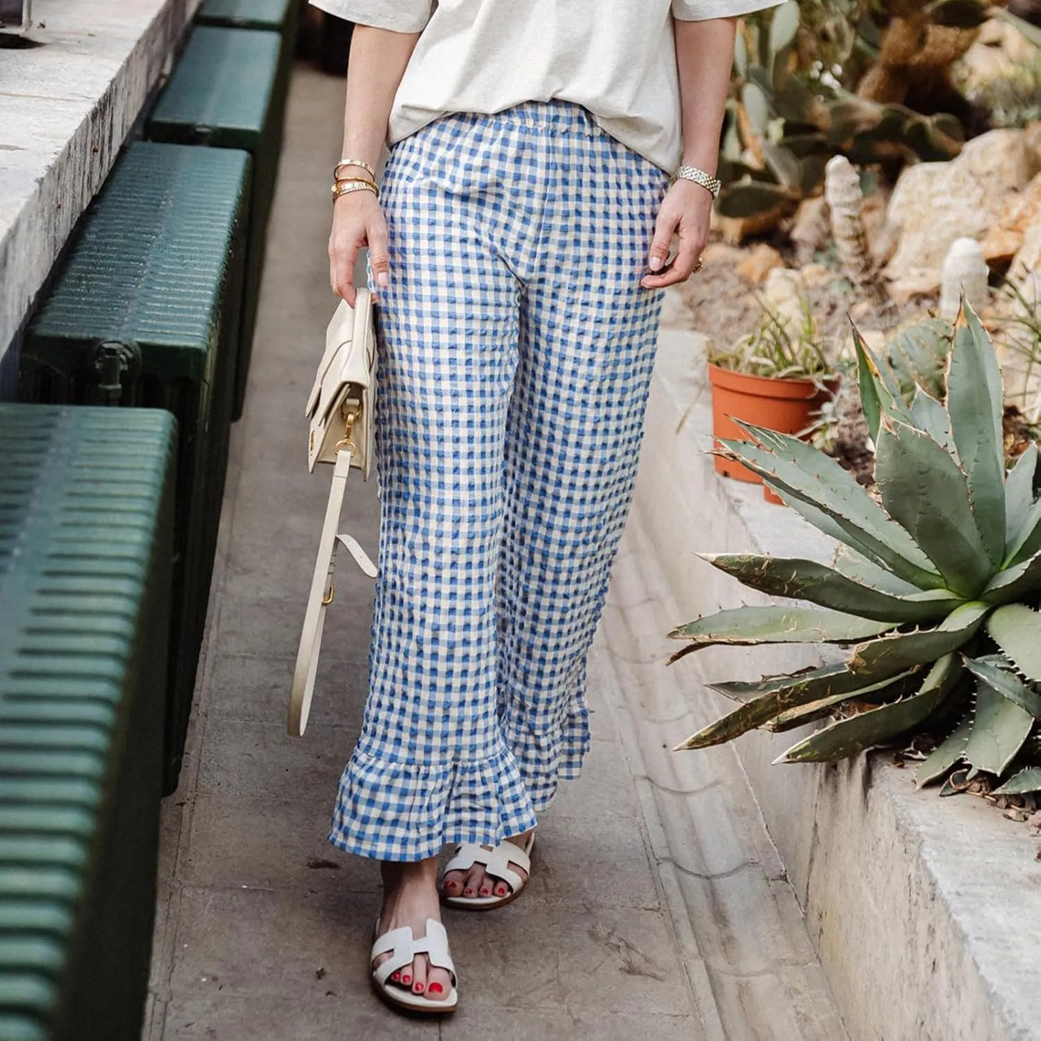 Women Gingham Pants Ruffle Hem Wide Leg Flowy Pants Checkered Trousers Plaid Pj Pants Y2k Going Out Bottoms