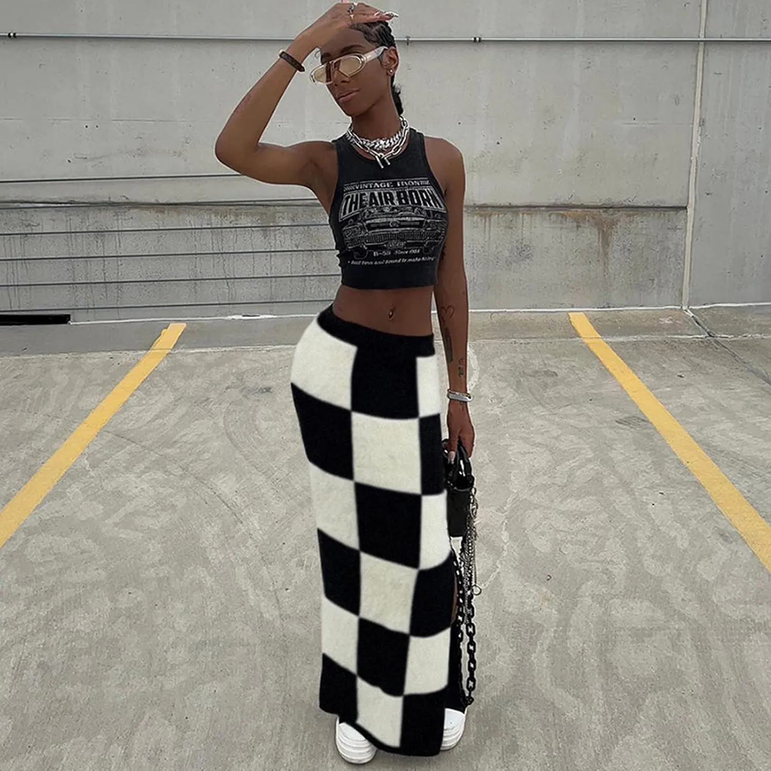 Women High Waist Plaid Elastic Long Skirts Side Split Knit Bodycon Midi Skirt