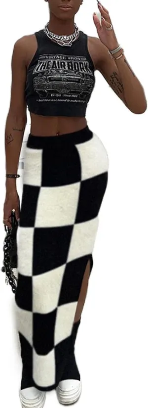 Women High Waist Plaid Elastic Long Skirts Side Split Knit Bodycon Midi Skirt