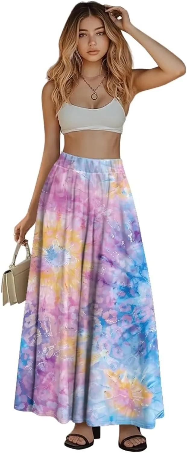 Women High Waist Skirts A-Line Flowy Swing Midi Long Skirt with Pockets for Beach Holiday Travel Size S-2XL