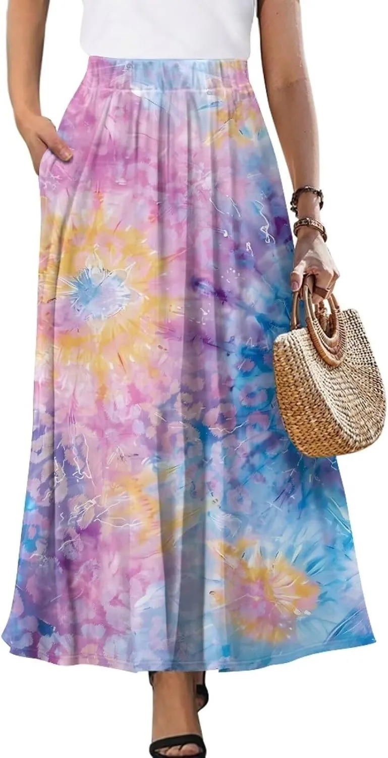 Women High Waist Skirts A-Line Flowy Swing Midi Long Skirt with Pockets for Beach Holiday Travel Size S-2XL
