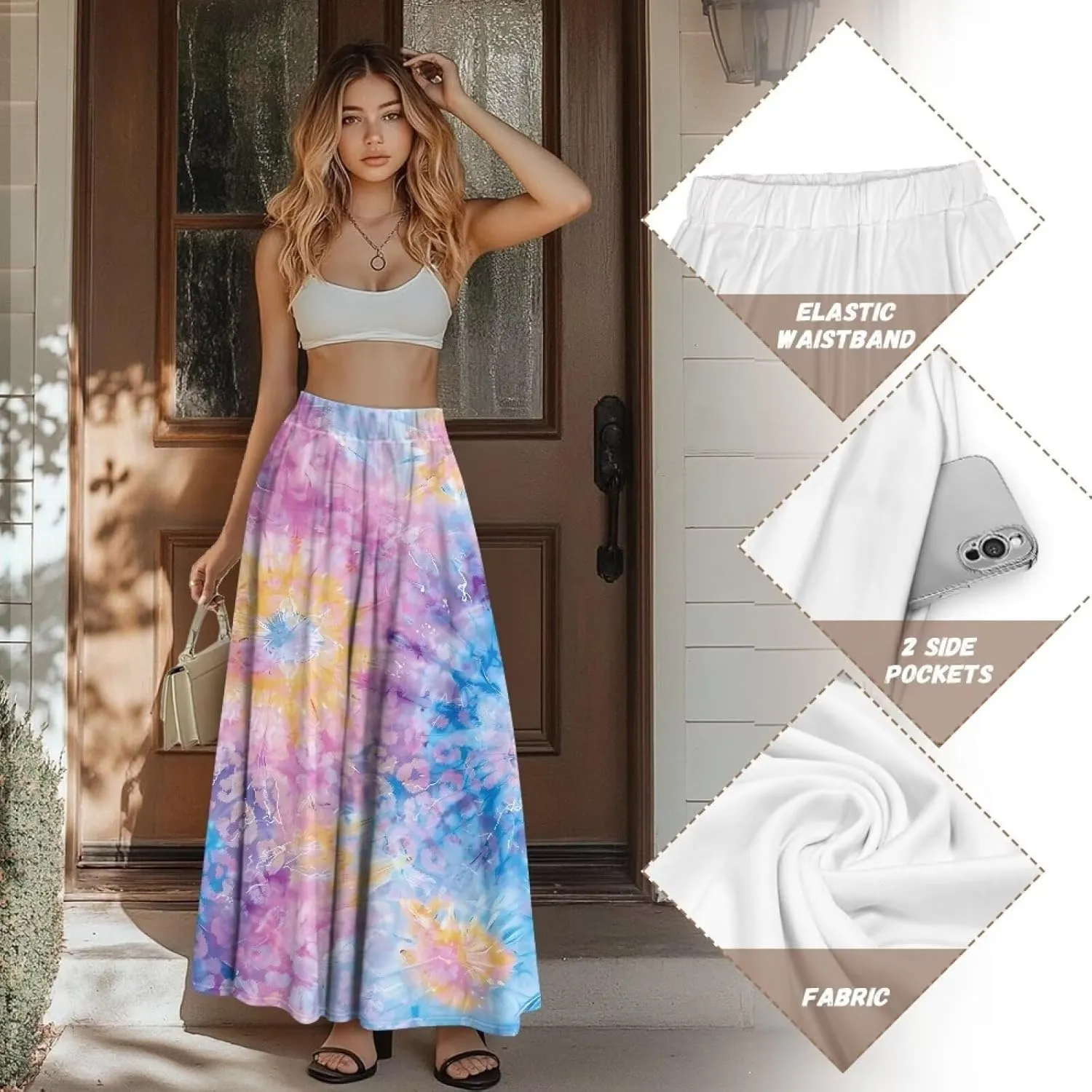 Women High Waist Skirts A-Line Flowy Swing Midi Long Skirt with Pockets for Beach Holiday Travel Size S-2XL