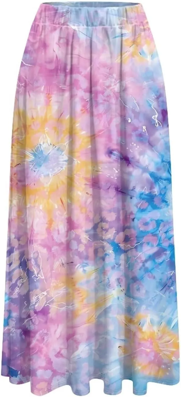 Women High Waist Skirts A-Line Flowy Swing Midi Long Skirt with Pockets for Beach Holiday Travel Size S-2XL