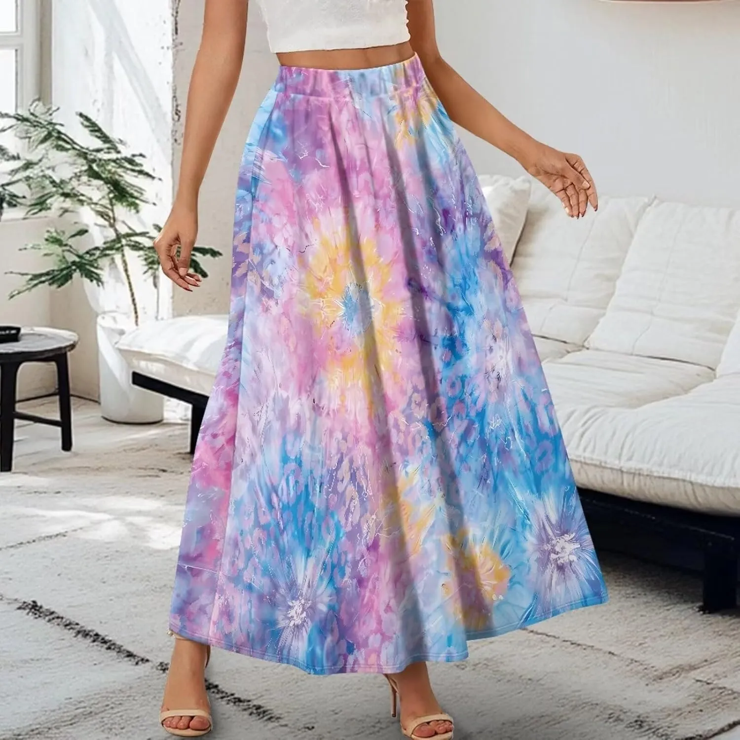 Women High Waist Skirts A-Line Flowy Swing Midi Long Skirt with Pockets for Beach Holiday Travel Size S-2XL
