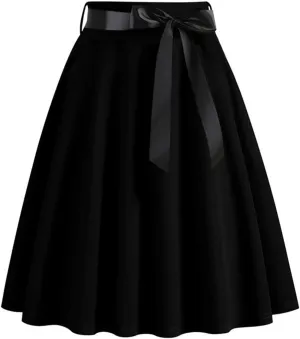 Women Knee Length 50s Retro Skirts Vintage Hepburn Rockabilly Skirts High Waist Flared A-Line Swing Skirt with Belt