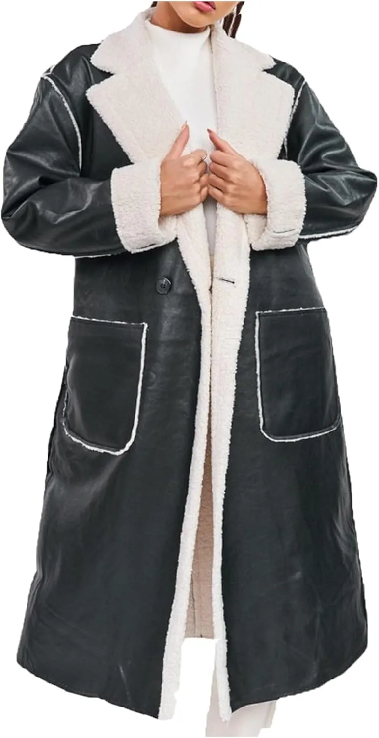 Women Leather Jacket Thicken Fleece Lined Parka Jackets Faux Fur Overcoat Winter Shearling Fluffy Trench Coat