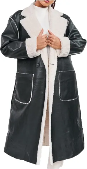 Women Leather Jacket Thicken Fleece Lined Parka Jackets Faux Fur Overcoat Winter Shearling Fluffy Trench Coat
