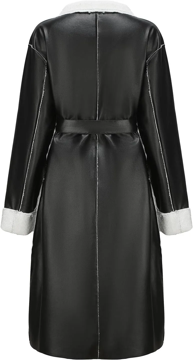 Women Leather Jacket Thicken Fleece Lined Parka Jackets Faux Fur Overcoat Winter Shearling Fluffy Trench Coat